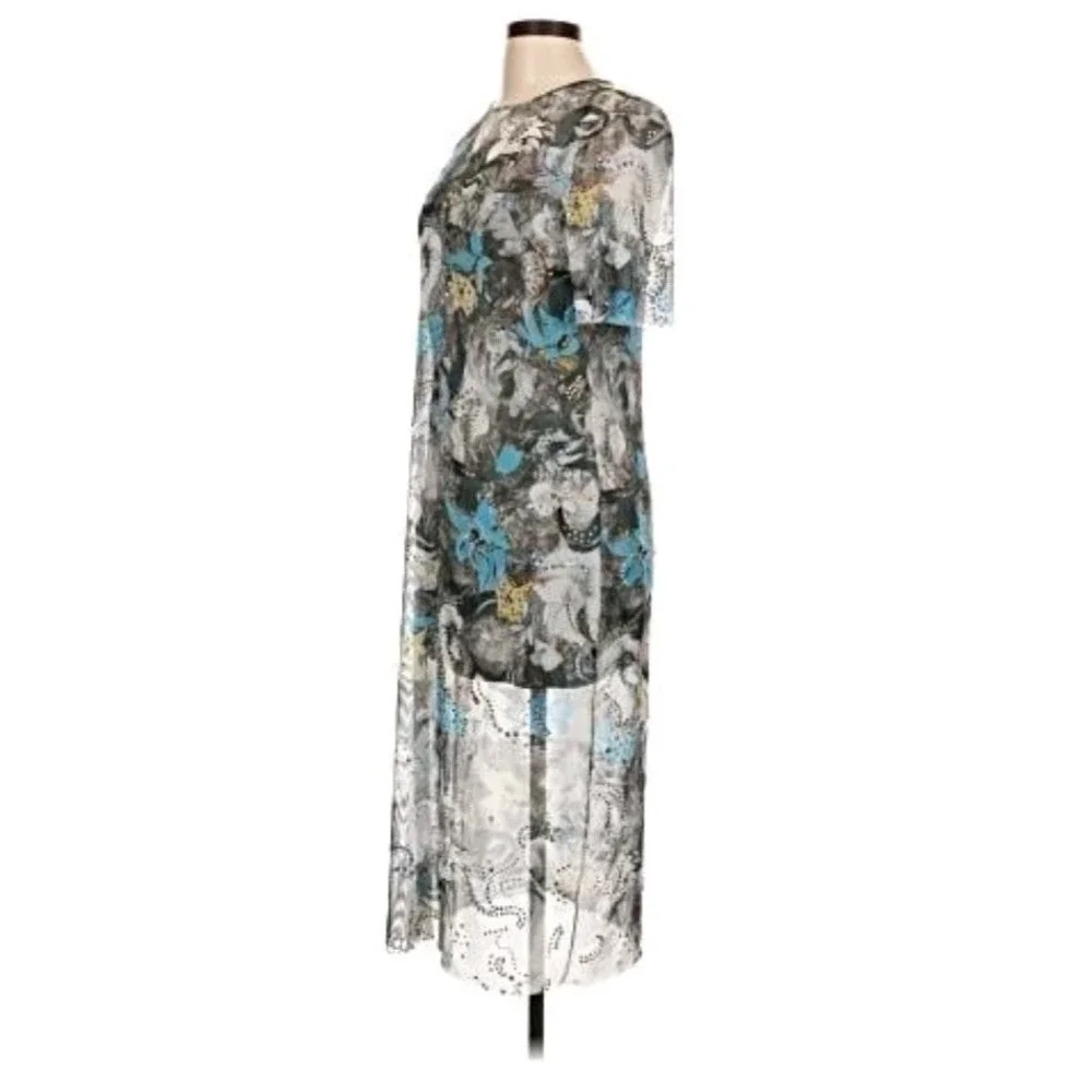 Tory Burch Blue Abstract Floral Print Mesh T-shirt Dress 12 Crystals Art To Wear